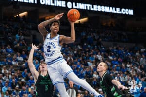 Creighton Bluejay Blake Harper (2) passes to the corner during a basketball game against North Dakota on Wednesday, Nov 19, 2025, in Omaha, Nebraska. Photo by Brandon Tiedemann.