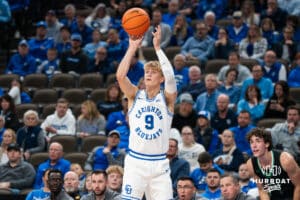 Creighton Bluejay Ty Davis (9) shoots a three during a basketball game against North Dakota on Wednesday, Nov 19, 2025, in Omaha, Nebraska. Photo by Brandon Tiedemann.