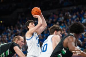 Creighton Bluejay Kerem Konan (17) shoots a free throw during a basketball game against North Dakota on Wednesday, Nov 19, 2025, in Omaha, Nebraska. Photo by Brandon Tiedemann.