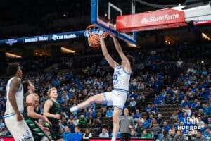 Creighton Bluejay Kerem Konan (17) dunks during a basketball game against North Dakota on Wednesday, Nov 19, 2025, in Omaha, Nebraska. Photo by Brandon Tiedemann.