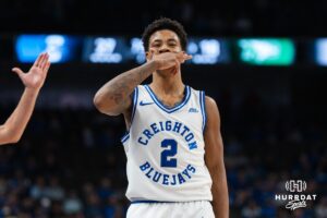 Creighton Bluejay Blake Harper (2) celebrates towards the crowd during a basketball game against North Dakota on Wednesday, Nov 19, 2025, in Omaha, Nebraska. Photo by Brandon Tiedemann.