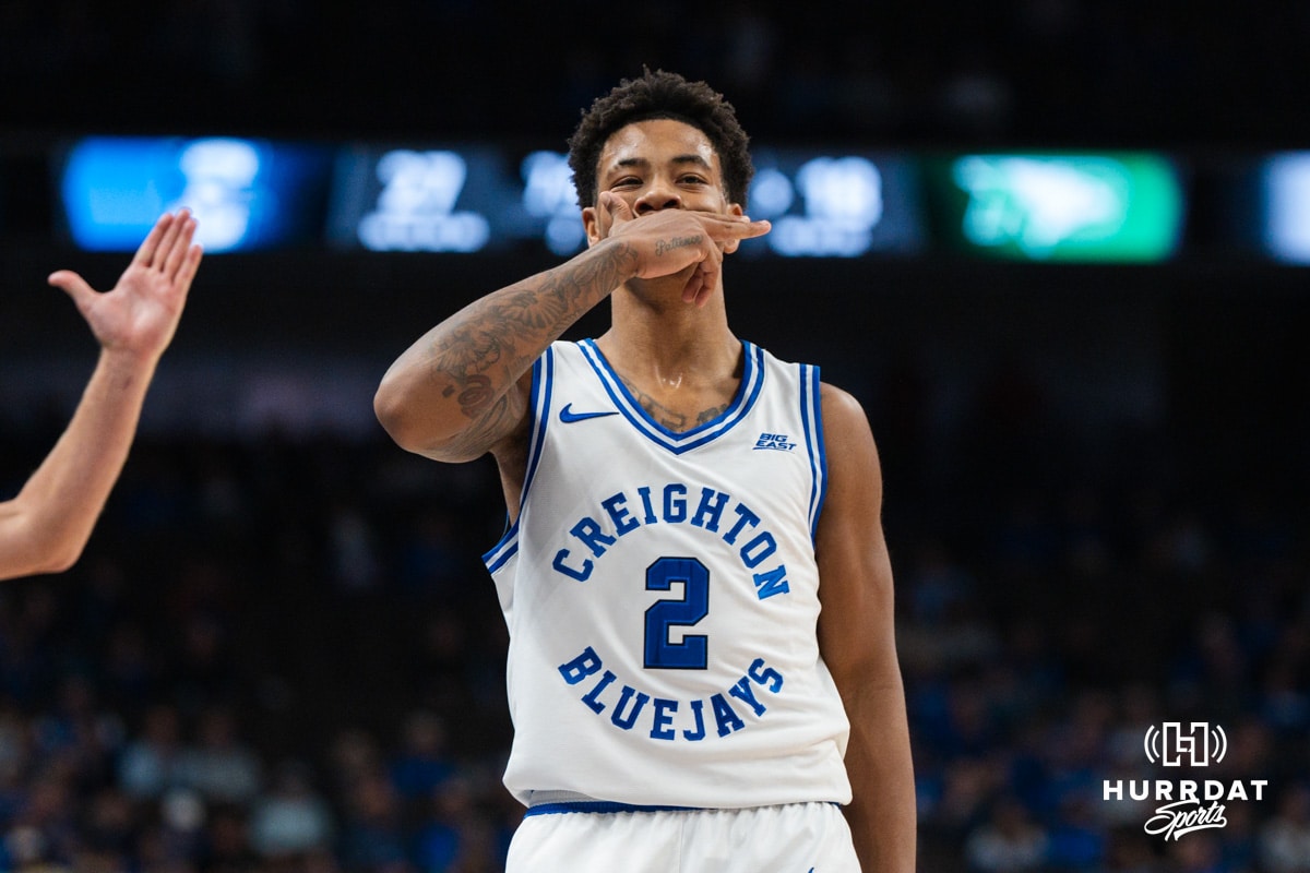 Creighton Bluejay Blake Harper (2) celebrates towards the crowd during a basketball game against North Dakota on Wednesday, Nov 19, 2025, in Omaha, Nebraska. Photo by Brandon Tiedemann.
