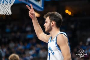 Creighton Bluejay Fedor Žugić (7) celebrates a made three during a basketball game against North Dakota on Wednesday, Nov 19, 2025, in Omaha, Nebraska. Photo by Brandon Tiedemann.