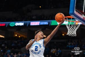 Creighton Bluejay Blake Harper (2) shoots a layup during a basketball game against North Dakota on Wednesday, Nov 19, 2025, in Omaha, Nebraska. Photo by Brandon Tiedemann.