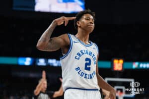 Creighton Bluejay Blake Harper (2) celebrates a made three pointer during a basketball game against North Dakota on Wednesday, Nov 19, 2025, in Omaha, Nebraska. Photo by Brandon Tiedemann.