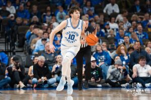 Creighton Bluejay Hudson Greer (10) dribbles the ball up court during a basketball game against North Dakota on Wednesday, Nov 19, 2025, in Omaha, Nebraska. Photo by Brandon Tiedemann.