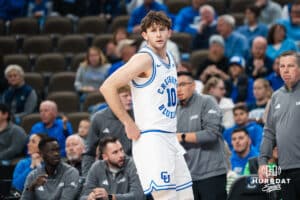 Creighton Bluejay Hudson Greer (10) checks into the game during a basketball game against North Dakota on Wednesday, Nov 19, 2025, in Omaha, Nebraska. Photo by Brandon Tiedemann.