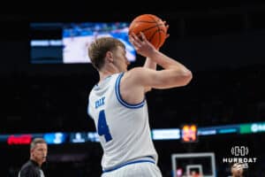 Creighton Bluejay Josh Dix (4) shoots a three during a basketball game against North Dakota on Wednesday, Nov 19, 2025, in Omaha, Nebraska. Photo by Brandon Tiedemann.
