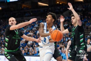 Creighton Bluejay Blake Harper (2) looks to pass out of a trap during a basketball game against North Dakota on Wednesday, Nov 19, 2025, in Omaha, Nebraska. Photo by Brandon Tiedemann.