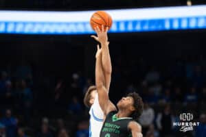 Creighton Bluejay Owen Freeman (32) and Marley Curtis (0) jump for the ball during a basketball game against North Dakota on Wednesday, Nov 19, 2025, in Omaha, Nebraska. Photo by Brandon Tiedemann.