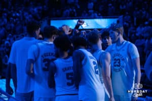 Creighton Bluejays break down the huddle during a basketball game against North Dakota on Wednesday, Nov 19, 2025, in Omaha, Nebraska. Photo by Brandon Tiedemann.