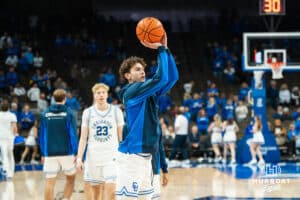 Creighton Bluejay Hudson Greer (10) warms up before a basketball game against North Dakota on Wednesday, Nov 19, 2025, in Omaha, Nebraska. Photo by Brandon Tiedemann.