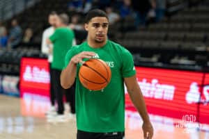 North Dakota Fighting Hawk Reggie Thomas (11) warms up before a basketball game against Creighton on Wednesday, Nov 19, 2025, in Omaha, Nebraska. Photo by Brandon Tiedemann.