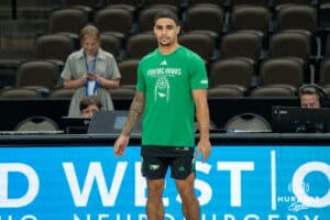 North Dakota Fighting Hawk Reggie Thomas (11) warms up before a basketball game against Creighton on Wednesday, Nov 19, 2025, in Omaha, Nebraska. Photo by Brandon Tiedemann.