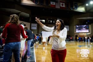 Nebraska Cornhusker head coach Amy Williams waves to the fans after the win against the North Dakota State Bison during a college basketball game on Sunday, Nov 16, 2025, in Sioux Falls, South Dakota. Photo by John S. Peterson.