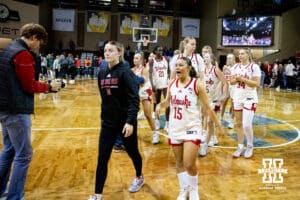 Nebraska Cornhuskers head to the locker room after the win over North Dakota State Bison during a college basketball game on Sunday, Nov 16, 2025, in Sioux Falls, South Dakota. Photo by John S. Peterson.