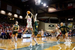 Nebraska Cornhusker guard Britt Prince (23) makes a lay up agianst the North Dakota State Bison during a college basketball game on Sunday, Nov 16, 2025, in Sioux Falls, South Dakota. Photo by John S. Peterson.