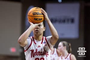 Nebraska Cornhusker forward Amiah Hargrove (33) makes free throw against the North Dakota State Bison during a college basketball game on Sunday, Nov 16, 2025, in Sioux Falls, South Dakota. Photo by John S. Peterson.