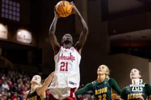 Nebraska Cornhusker forward Eliza Maupin (21) puts up a lay up against the North Dakota State Bison during a college basketball game on Sunday, Nov 16, 2025, in Sioux Falls, South Dakota. Photo by John S. Peterson.