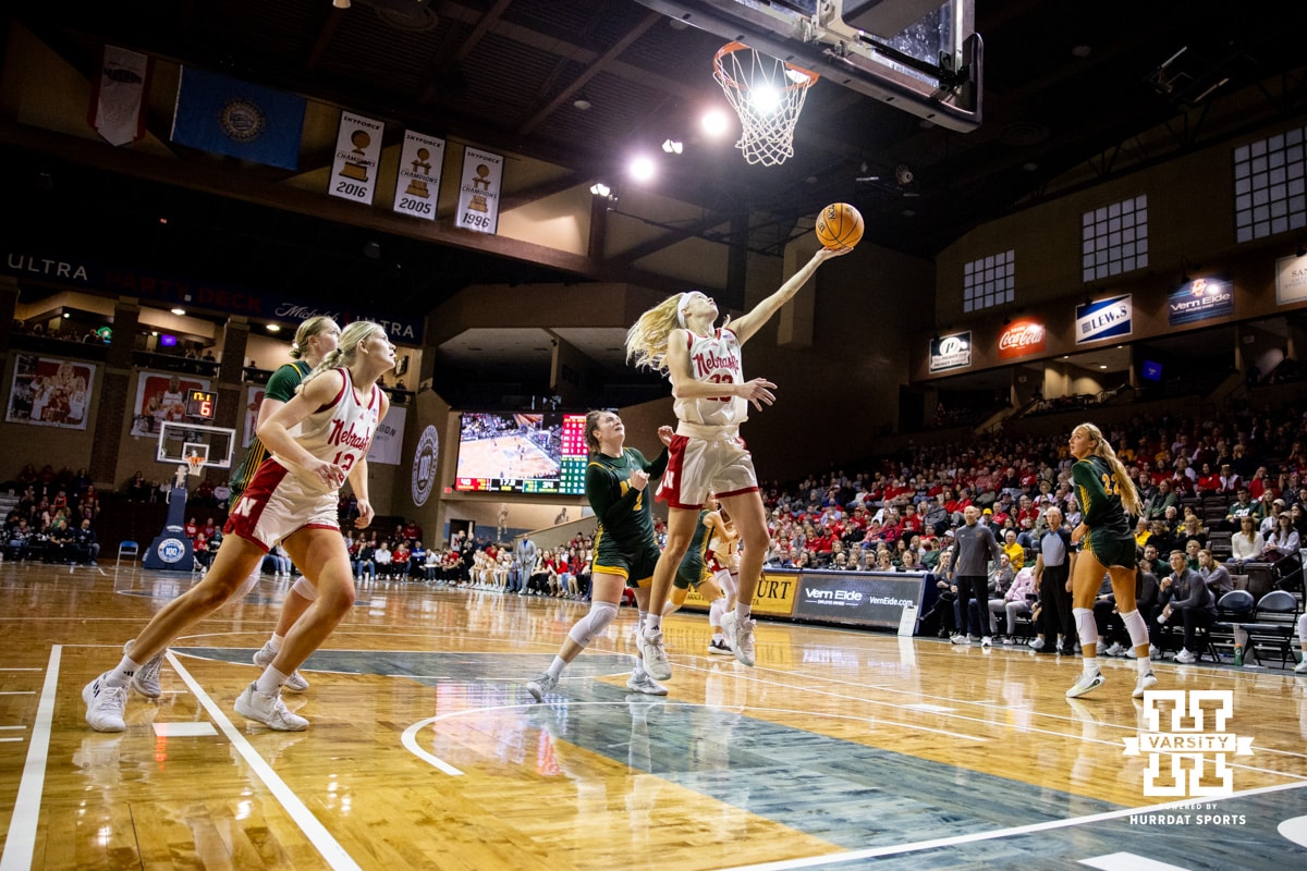 Nebraska Cornhusker guard Britt Prince (23) makes a lay up against the North Dakota State Bison during a college basketball game on Sunday, Nov 16, 2025, in Sioux Falls, South Dakota. Photo by John S. Peterson.