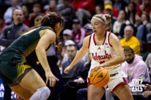ebraska Cornhusker guard Logan Nissley (2) dribbles the ball against the North Dakota State Bison during a college basketball game on Sunday, Nov 16, 2025, in Sioux Falls, South Dakota. Photo by John S. Peterson.