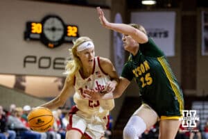 Nebraska Cornhusker guard Britt Prince (23) dribbles during a college basketball game on Sunday, Nov 16, 2025, in Sioux Falls, South Dakota. Photo by John S. Peterson.