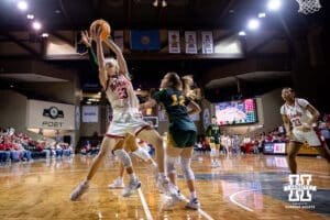 Nebraska Cornhusker guard Britt Prince (23) grabs the rebound against the North Dakota State Bison during a college basketball game on Sunday, Nov 16, 2025, in Sioux Falls, South Dakota. Photo by John S. Peterson.