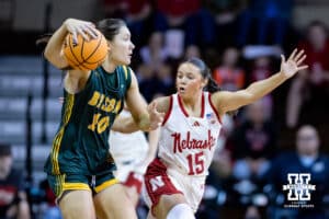 Nebraska Cornhusker guard Kennadi Williams (15) guards North Dakota State Bison guard Abby Graham (10) during a college basketball game on Sunday, Nov 16, 2025, in Sioux Falls, South Dakota. Photo by John S. Peterson.