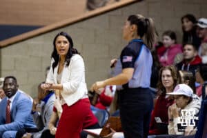 Nebraska Cornhusker head coach Amy Williams reacts to the official during a college basketball game against the North Dakota State Bison on Sunday, Nov 16, 2025, in Sioux Falls, South Dakota. Photo by John S. Peterson.