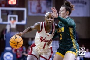 Nebraska Cornhusker guard Hailey Weaver (1) dribbles the ball against North Dakota State Bison guard Molly Lenz (1) in the first quarter during a college basketball game on Sunday, Nov 16, 2025, in Sioux Falls, South Dakota. Photo by John S. Peterson.