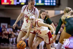 Nebraska Cornhusker guard Britt Prince (23) dribbles the ball against the North Dakota State Bison in the first quarter during a college basketball game on Sunday, Nov 16, 2025, in Sioux Falls, South Dakota. Photo by John S. Peterson.