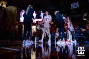 Nebraska Cornhusker forward Petra Bozan (4) introduced before taking on the North Dakota State Bison during a college basketball game on Sunday, Nov 16, 2025, in Sioux Falls, South Dakota. Photo by John S. Peterson.