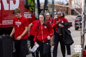 Nebraska Cornhusker guard Claire Johnson (5) makes her way to the venue to take on North Dakota State for a college basketball game on Sunday, Nov 16, 2025, in Sioux Falls, South Dakota. Photo by John S. Peterson.