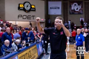 Nebraska Cornhusker head coach Fred Hoiberg celebrates the win over the Oklahoma Sooners with fist pump during a college men’s basketball game on Saturday, Nov 15, 2025, in Sioux Falls, South Dakota. Photo by John S. Peterson.