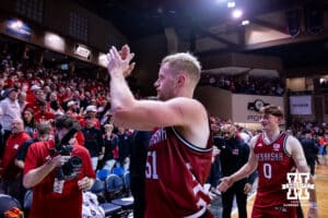 Nebraska Cornhusker forward Rienk Mast (51) recognizes the fans as he heads to the locker room after the win over the Oklahoma Sooners during a college men’s basketball game on Saturday, Nov 15, 2025, in Sioux Falls, South Dakota. Photo by John S. Peterson.
