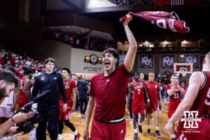 Nebraska Cornhusker forward Berke Buyuktuncel (9) celebrates the win over the Oklahoma Sooners during a college men’s basketball game on Saturday, Nov 15, 2025, in Sioux Falls, South Dakota. Photo by John S. Peterson.