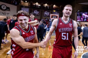 Nebraska Cornhusker Sam Hoiberg (1) and Rienk Mast celebrates the win over the Oklahoma Sooners during a college men’s basketball game on Saturday, Nov 15, 2025, in Sioux Falls, South Dakota. Photo by John S. Peterson.