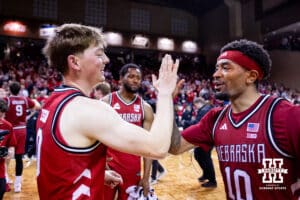 Nebraska Cornhusker guard Connor Essegian (0) and guard Jamarques Lawrence (10) give each other a high five celebrating the win over the Oklahoma Sooners during a college men’s basketball game on Saturday, Nov 15, 2025, in Sioux Falls, South Dakota. Photo by John S. Peterson.