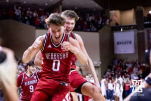 Nebraska Cornhusker guard Connor Essegian (0) and forward Pryce Sandfort (21) celebrates the win over the Oklahoma Sooners during a college men’s basketball game on Saturday, Nov 15, 2025, in Sioux Falls, South Dakota. Photo by John S. Peterson.