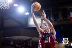 Nebraska Cornhusker forward Pryce Sandfort (21) makes a lay up against the Oklahoma Sooners in the second half during a college men’s basketball game on Saturday, Nov 15, 2025, in Sioux Falls, South Dakota. Photo by John S. Peterson.