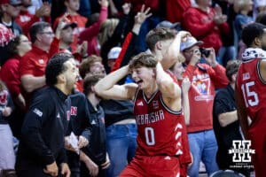 Nebraska Cornhusker guard Connor Essegian (0) celebrates Rienk Mast three point shot late in the second half against the Oklahoma Sooners during a college men’s basketball game on Saturday, Nov 15, 2025, in Sioux Falls, South Dakota. Photo by John S. Peterson.