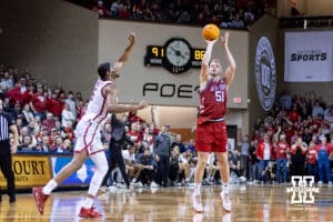 Nebraska Cornhusker forward Rienk Mast (51) makes a three point shot against Oklahoma Sooner forward Mohamed Wague (5) in the second half during a college men’s basketball game on Saturday, Nov 15, 2025, in Sioux Falls, South Dakota. Photo by John S. Peterson.