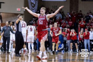 Nebraska Cornhusker forward Rienk Mast (51) gets the fans fired up even more in the second half against the Oklahoma Sooners during a college men’s basketball game on Saturday, Nov 15, 2025, in Sioux Falls, South Dakota. Photo by John S. Peterson.