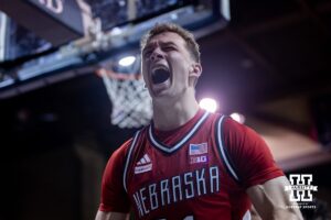 Nebraska Cornhusker guard Cale Jacobsen (31) celebrates basket against the Oklahoma Sooners in the second half during a college men’s basketball game on Saturday, Nov 15, 2025, in Sioux Falls, South Dakota. Photo by John S. Peterson.