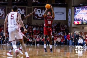 Nebraska Cornhusker guard Jamarques Lawrence (10) makes a three point shot against the Oklahoma Sooners in the second half during a college men’s basketball game on Saturday, Nov 15, 2025, in Sioux Falls, South Dakota. Photo by John S. Peterson.