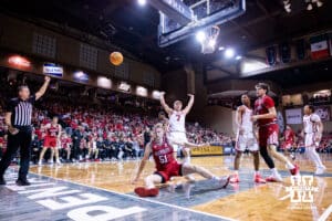 Nebraska Cornhusker forward Rienk Mast (51) is foules by Oklahoma Sooner guard Dayton Forsythe (7) in the second half during a college men’s basketball game on Saturday, Nov 15, 2025, in Sioux Falls, South Dakota. Photo by John S. Peterson.