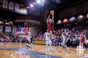 Nebraska Cornhusker guard Sam Hoiberg (1) makes a lay up against the Oklahoma Sooners during a college men’s basketball game on Saturday, Nov 15, 2025, in Sioux Falls, South Dakota. Photo by John S. Peterson.