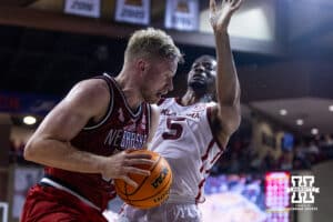 Nebraska Cornhusker forward Rienk Mast (51) drives to the basket against Oklahoma Sooner forward Mohamed Wague (5) in the first half during a college men’s basketball game on Saturday, Nov 15, 2025, in Sioux Falls, South Dakota. Photo by John S. Peterson.