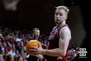 Nebraska Cornhusker forward Rienk Mast (51) spins to go to the basket against the Oklahoma Sooners in the first half during a college men’s basketball game on Saturday, Nov 15, 2025, in Sioux Falls, South Dakota. Photo by John S. Peterson.