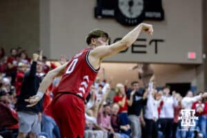 Nebraska Cornhusker guard Connor Essegian (0) celebrates making a three-point shot against the Oklahoma Sooners in the first half during a college men’s basketball game on Saturday, Nov 15, 2025, in Sioux Falls, South Dakota. Photo by John S. Peterson.